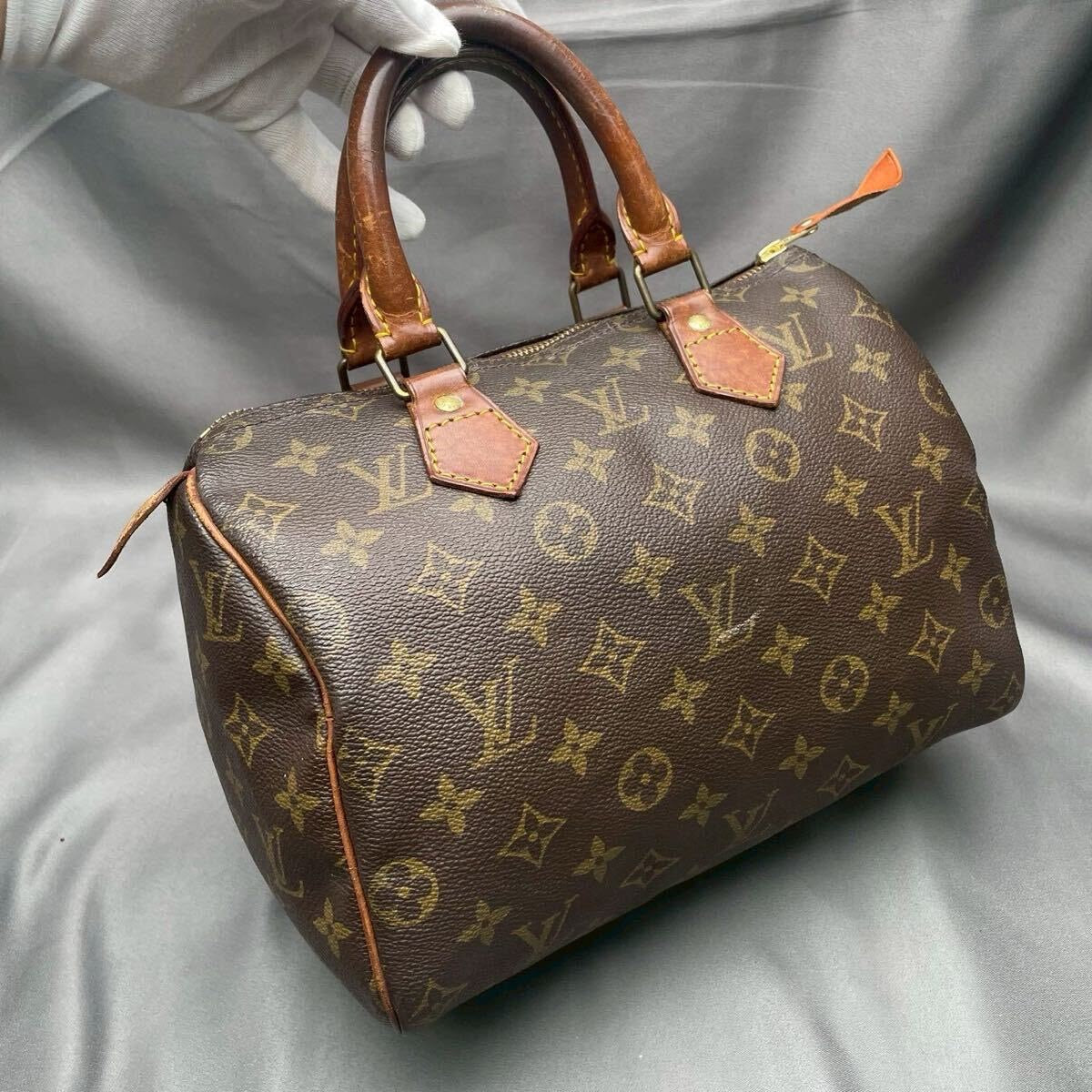 Louis Vuitton Speedy 30 handbag in brown monogram canvas, held by the top handles